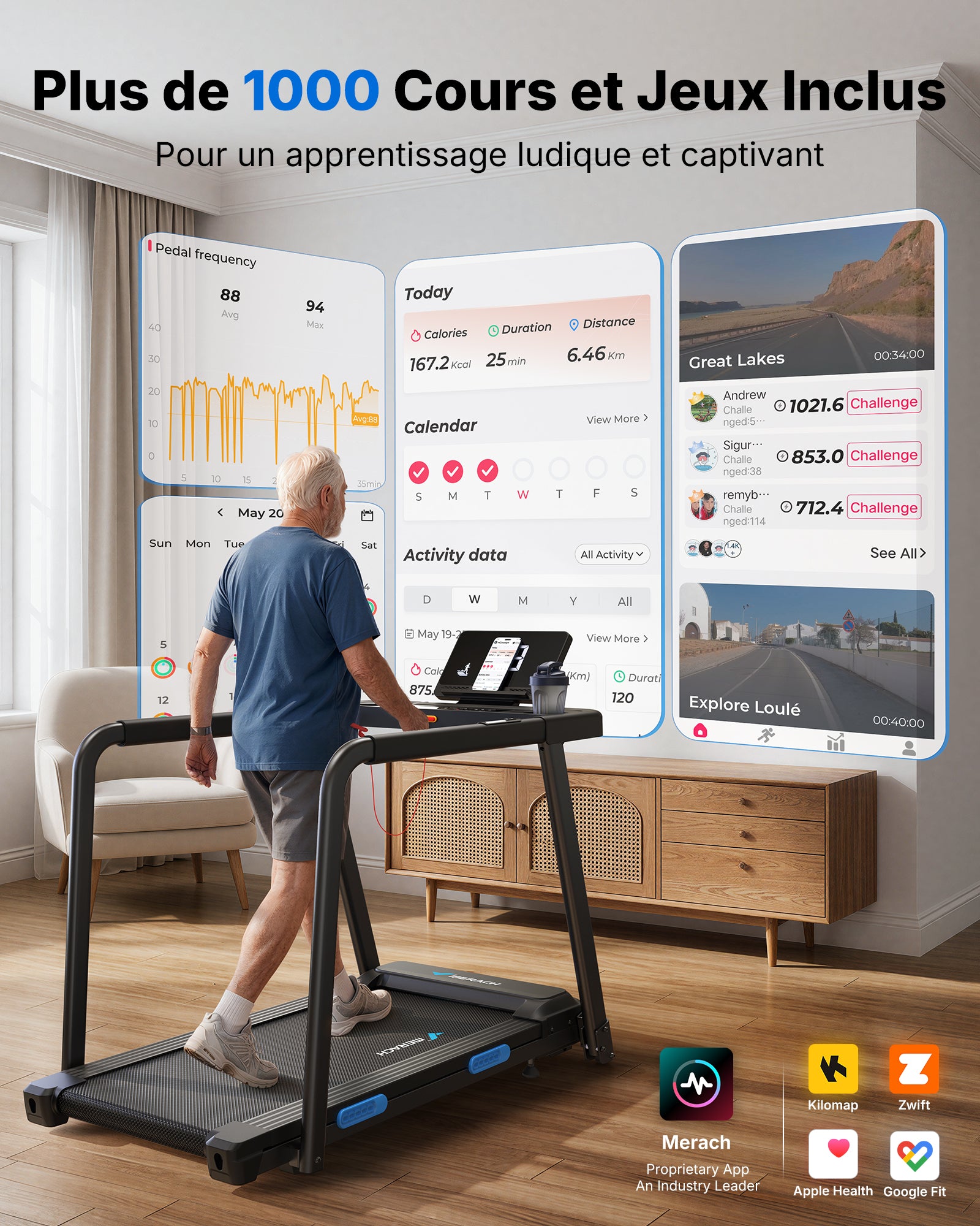 MERACH Tapis de Course Électrique avec Mains Sécurisées Courantes pour Seniors Moteur Silencieux de 3,0 CV Amorti 5 Couches Protège Genoux, Charge Max 136kg Idéal pour Rééducation, Cardio à Domicile