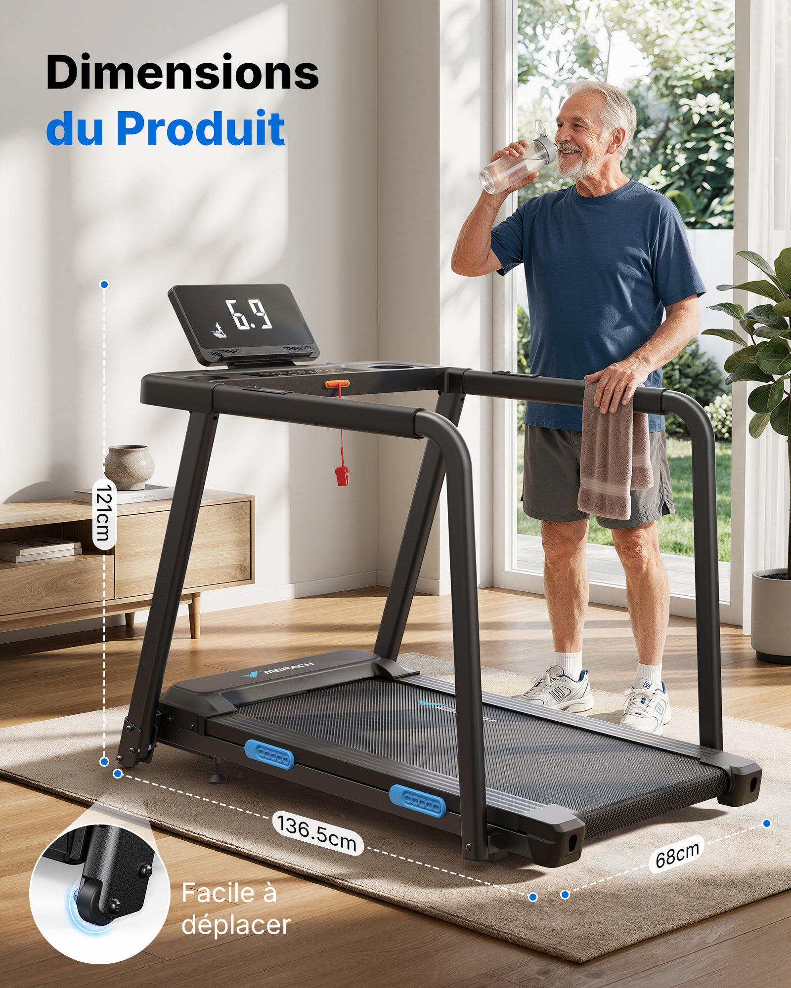 MERACH Tapis de Course Électrique avec Mains Sécurisées Courantes pour Seniors Moteur Silencieux de 3,0 CV Amorti 5 Couches Protège Genoux, Charge Max 136kg Idéal pour Rééducation, Cardio à Domicile