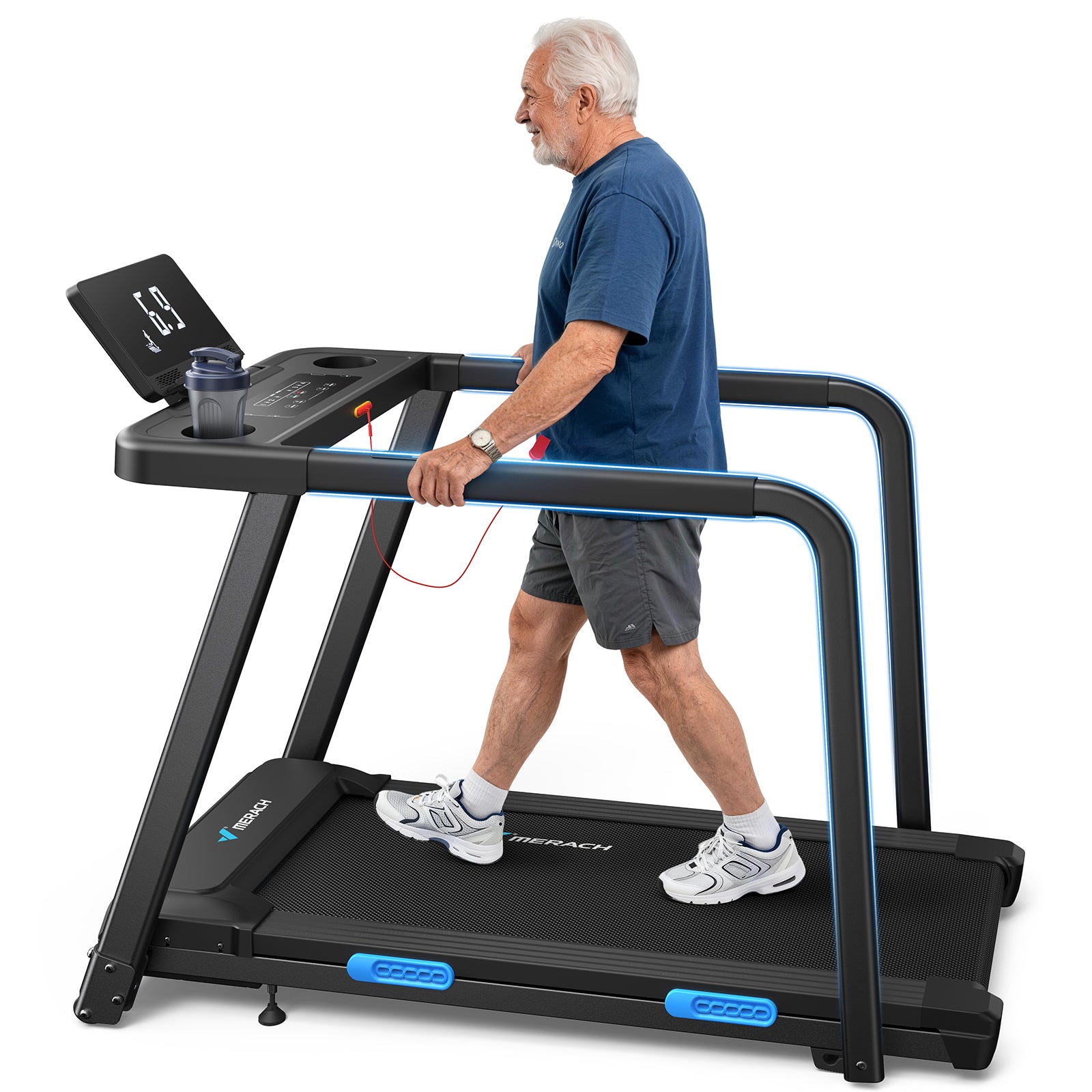 MERACH Tapis de Course Électrique avec Mains Sécurisées Courantes pour Seniors Moteur Silencieux de 3,0 CV Amorti 5 Couches Protège Genoux, Charge Max 136kg Idéal pour Rééducation, Cardio à Domicile