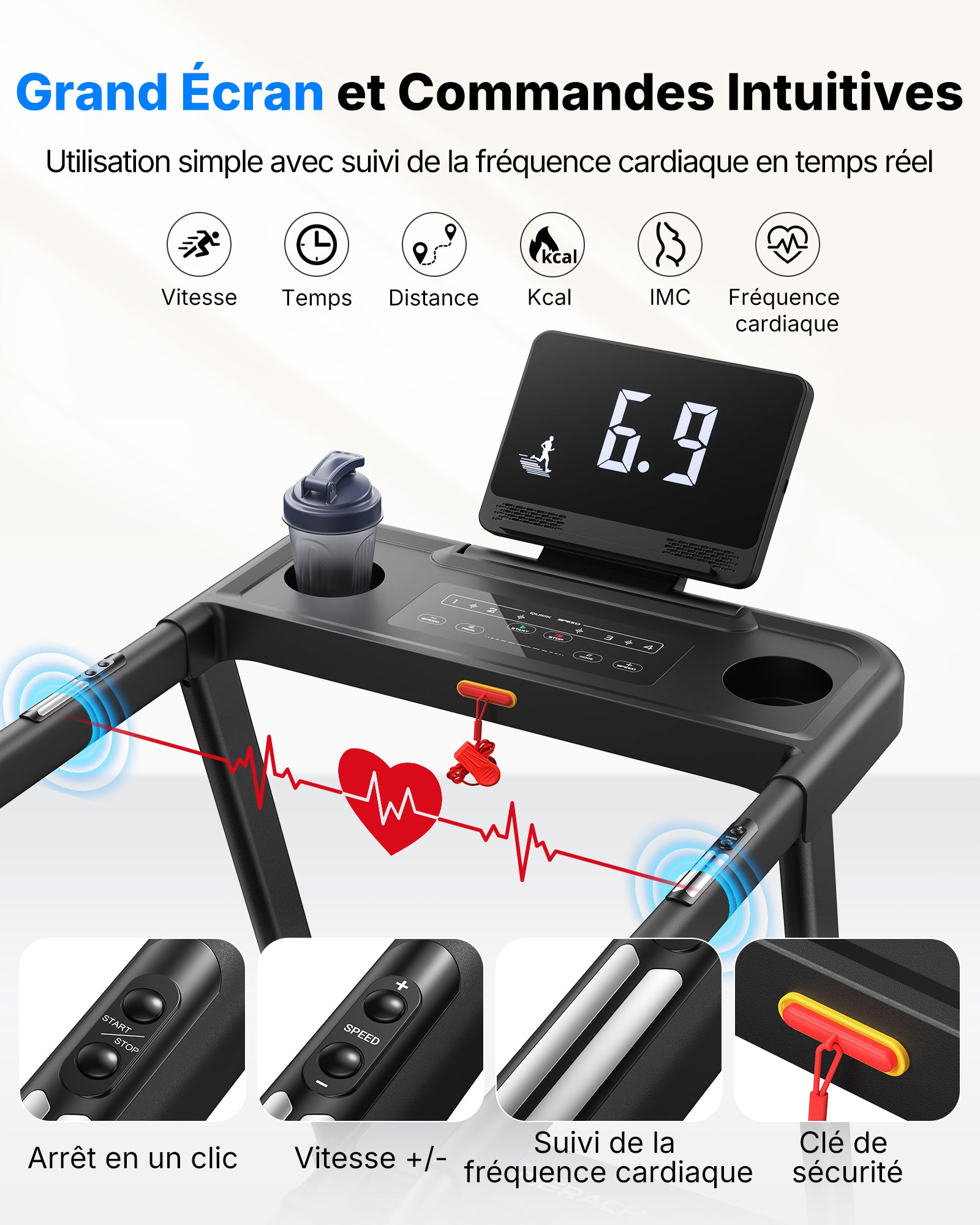 MERACH Tapis de Course Électrique avec Mains Sécurisées Courantes pour Seniors Moteur Silencieux de 3,0 CV Amorti 5 Couches Protège Genoux, Charge Max 136kg Idéal pour Rééducation, Cardio à Domicile