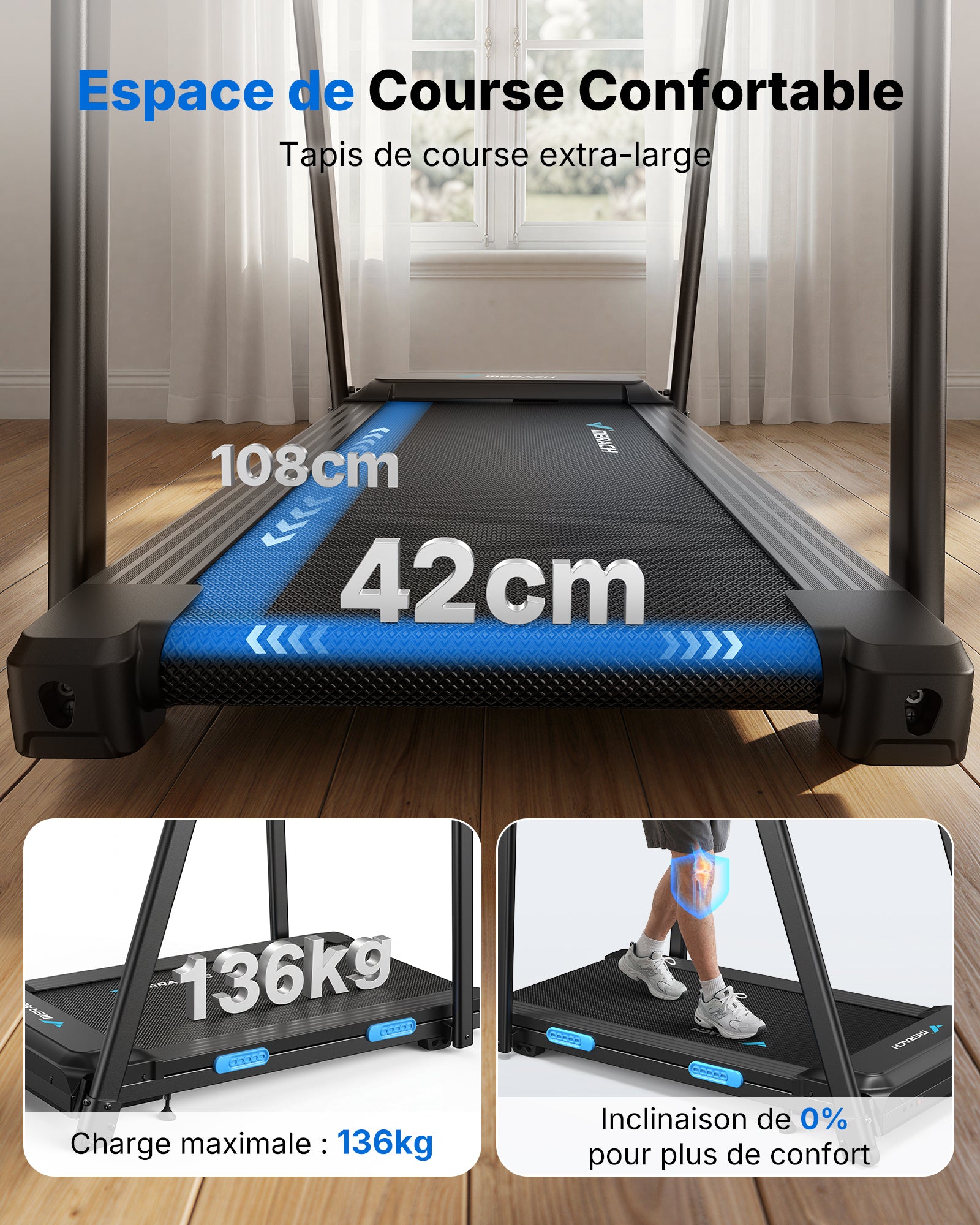 MERACH Tapis de Course Électrique avec Mains Sécurisées Courantes pour Seniors Moteur Silencieux de 3,0 CV Amorti 5 Couches Protège Genoux, Charge Max 136kg Idéal pour Rééducation, Cardio à Domicile