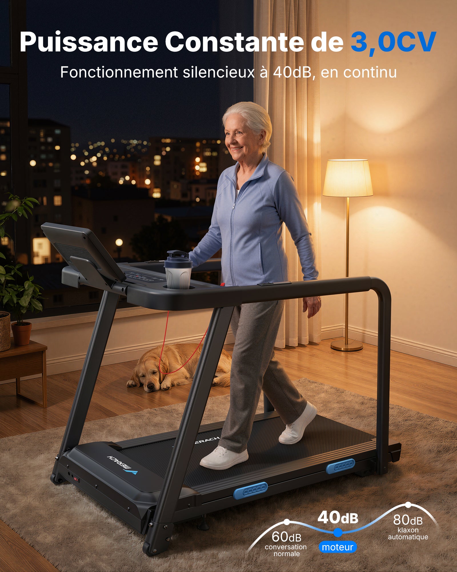 MERACH Tapis de Course Électrique avec Mains Sécurisées Courantes pour Seniors Moteur Silencieux de 3,0 CV Amorti 5 Couches Protège Genoux, Charge Max 136kg Idéal pour Rééducation, Cardio à Domicile