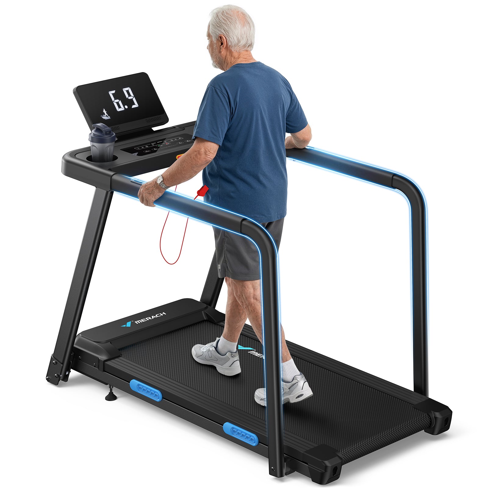 MERACH Tapis de Course Électrique avec Mains Sécurisées Courantes pour Seniors Moteur Silencieux de 3,0 CV Amorti 5 Couches Protège Genoux, Charge Max 136kg Idéal pour Rééducation, Cardio à Domicile