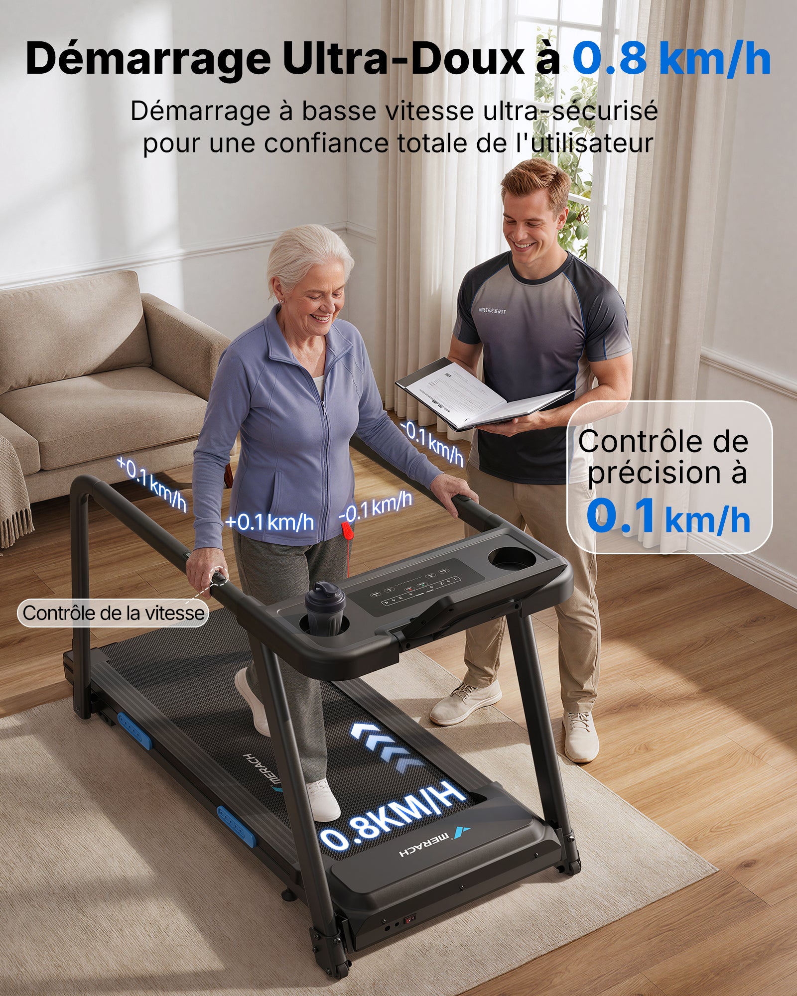 MERACH Tapis de Course Électrique avec Mains Sécurisées Courantes pour Seniors Moteur Silencieux de 3,0 CV Amorti 5 Couches Protège Genoux, Charge Max 136kg Idéal pour Rééducation, Cardio à Domicile